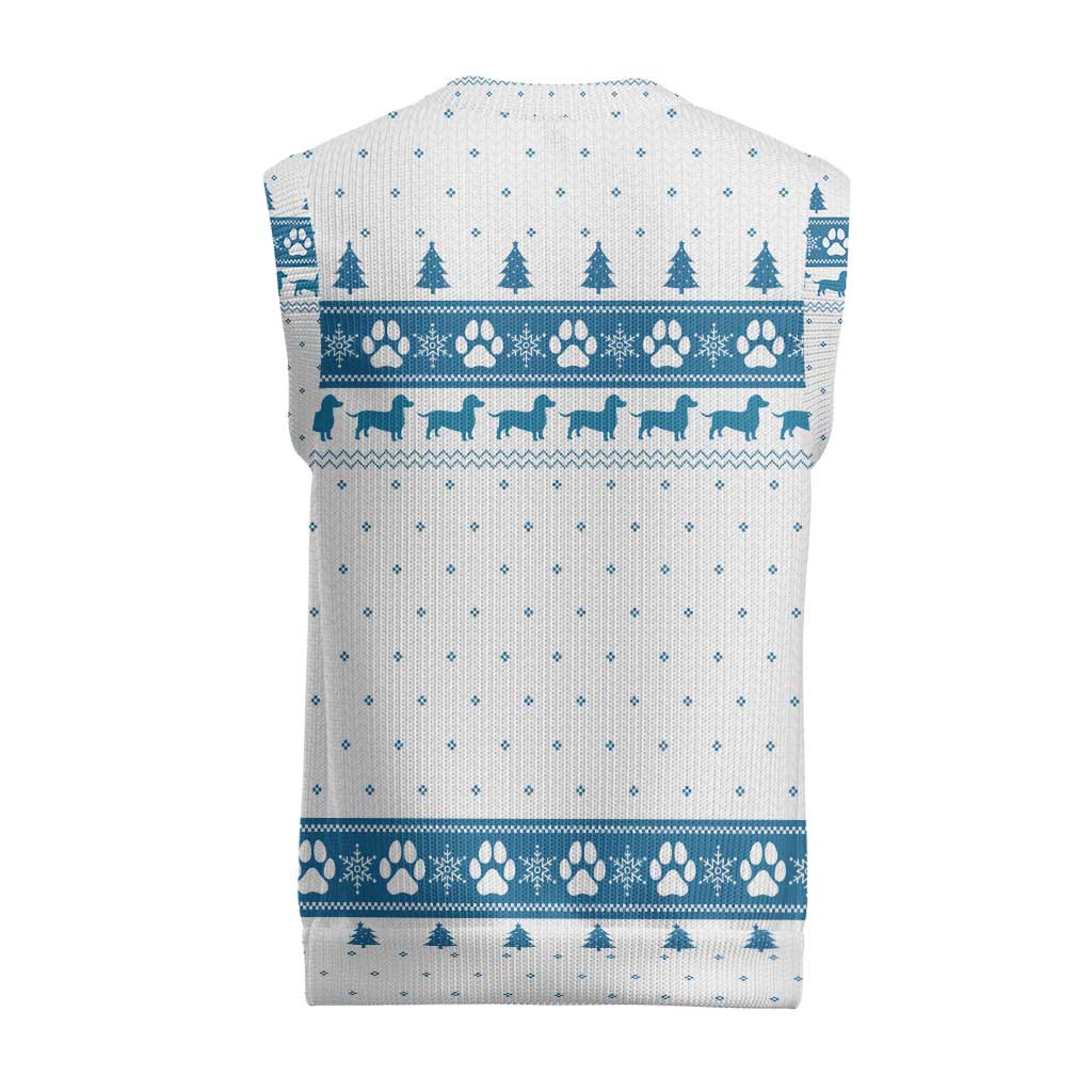 Dachshund Dog Tree Stack Christmas Knitted V-Neck Vest with Blue White Paw Print Pattern Design - Wonder Print Shop