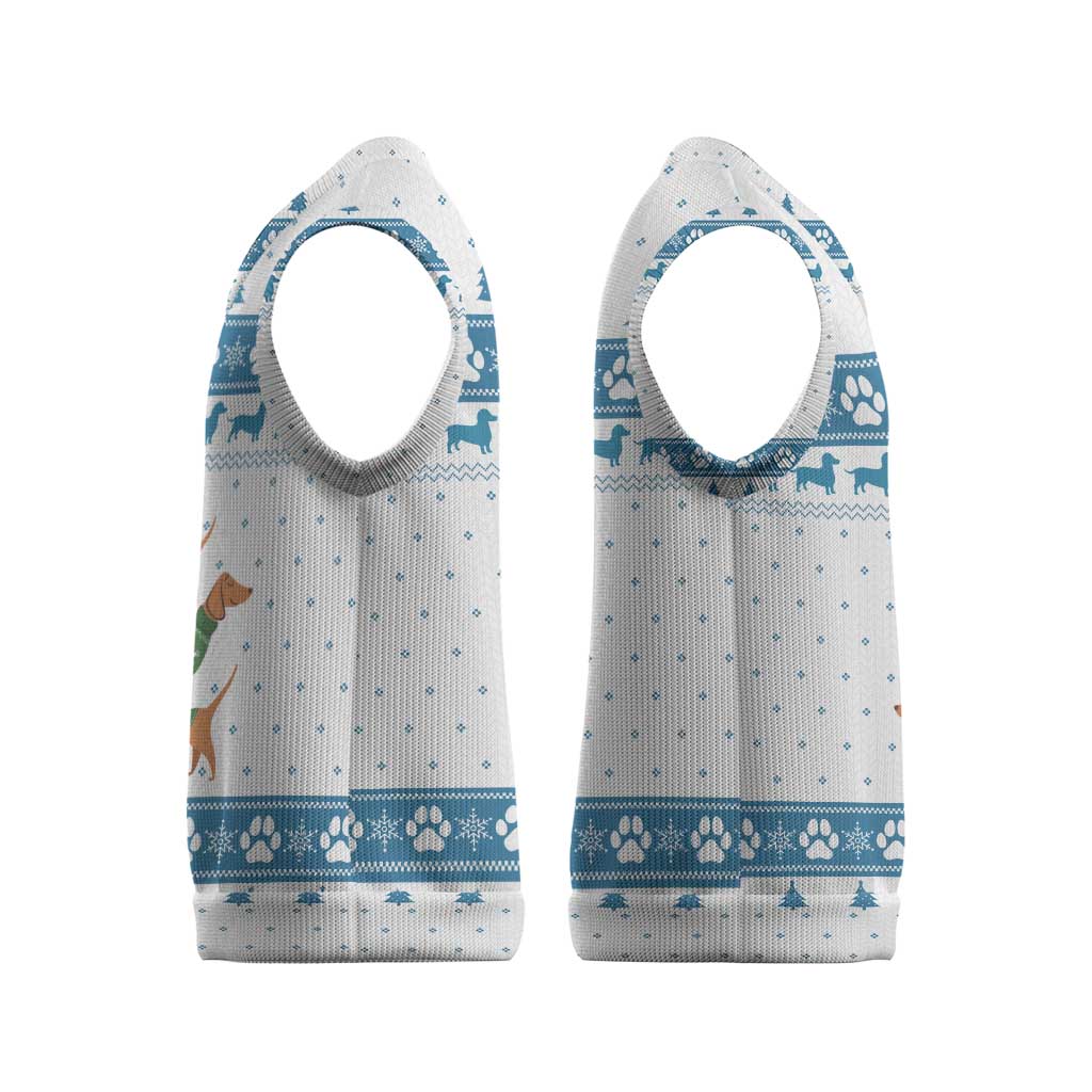 Dachshund Dog Tree Stack Christmas Knitted V-Neck Vest with Blue White Paw Print Pattern Design - Wonder Print Shop