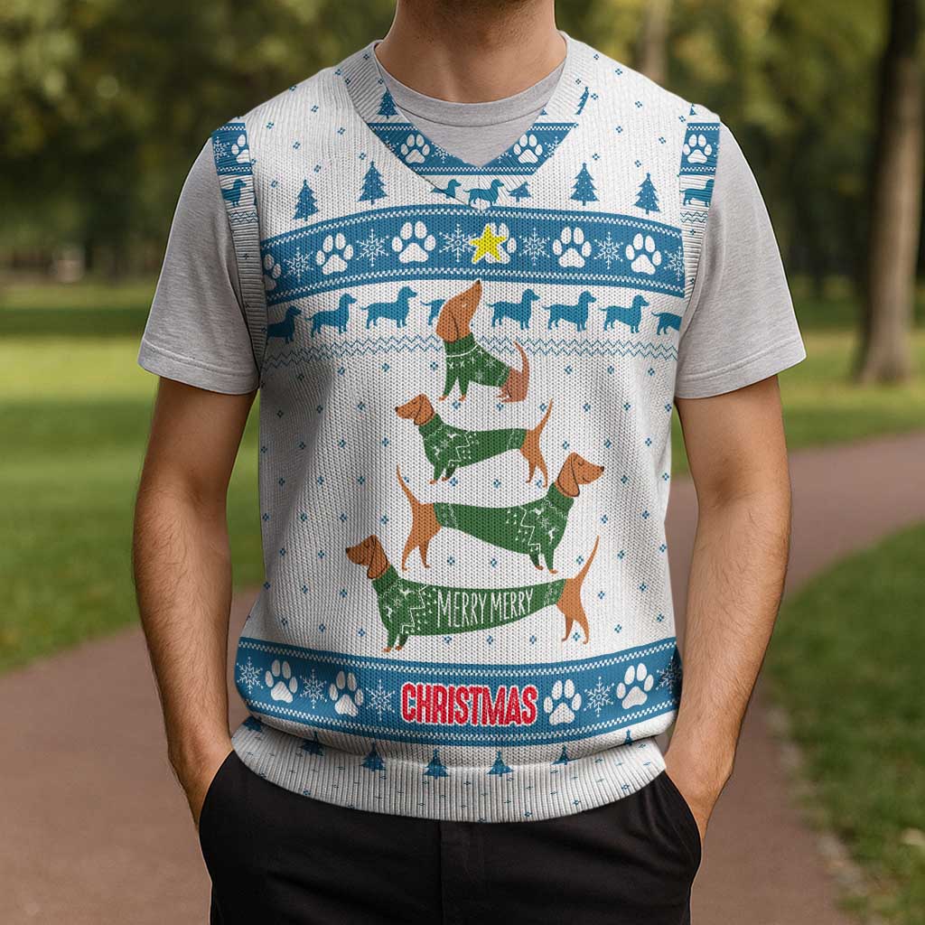 Dachshund Dog Tree Stack Christmas Knitted V-Neck Vest with Blue White Paw Print Pattern Design - Wonder Print Shop