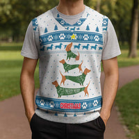 Dachshund Dog Tree Stack Christmas Knitted V-Neck Vest with Blue White Paw Print Pattern Design - Wonder Print Shop