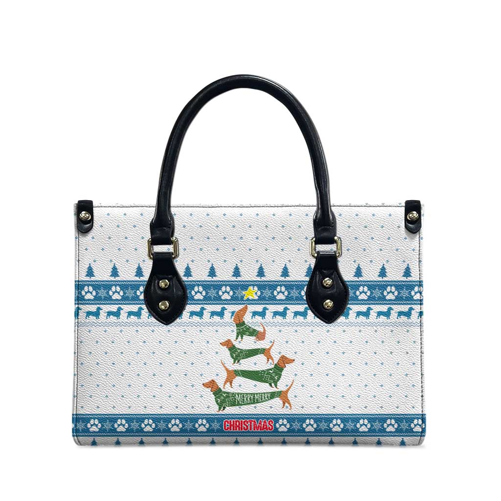 Dachshund Dog Tree Stack Leather Bag with Blue White Paw Print Pattern Design - Wonder Print Shop