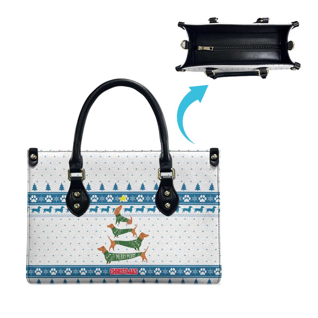 Dachshund Dog Tree Stack Leather Bag with Blue White Paw Print Pattern Design - Wonder Print Shop