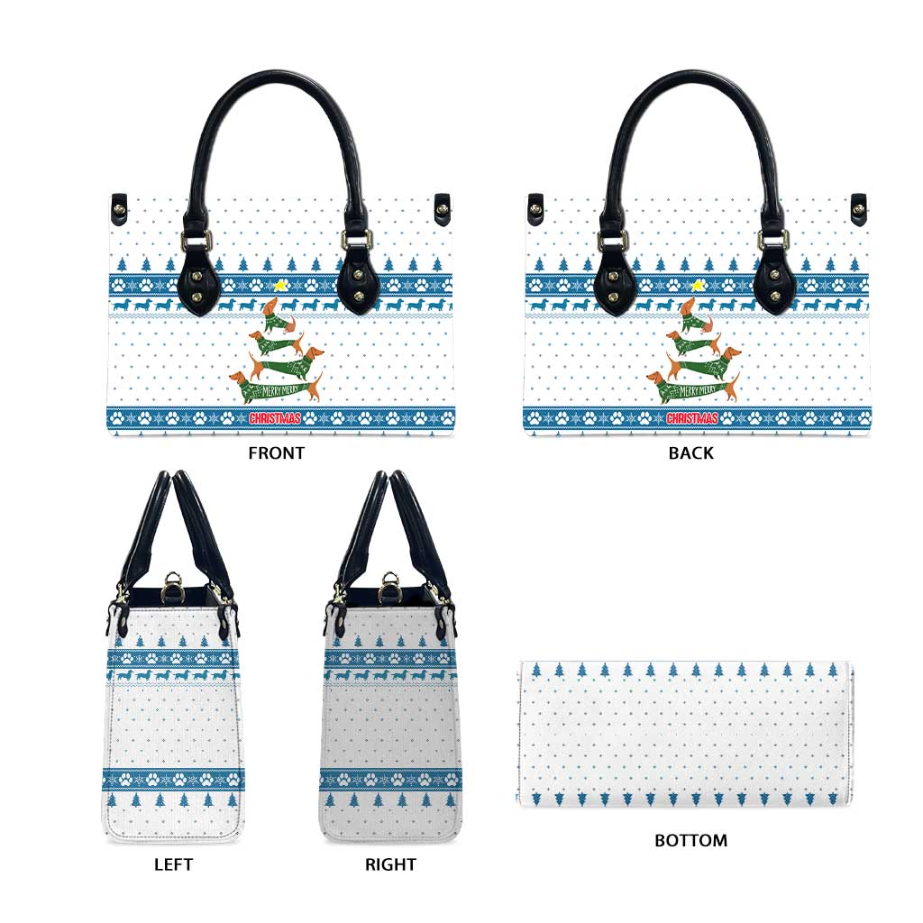 Dachshund Dog Tree Stack Leather Bag with Blue White Paw Print Pattern Design - Wonder Print Shop