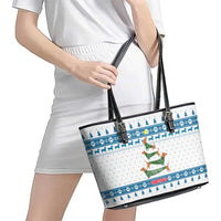 Dachshund Dog Tree Stack Leather Tote Bag with Blue White Paw Print Pattern Design - Wonder Print Shop