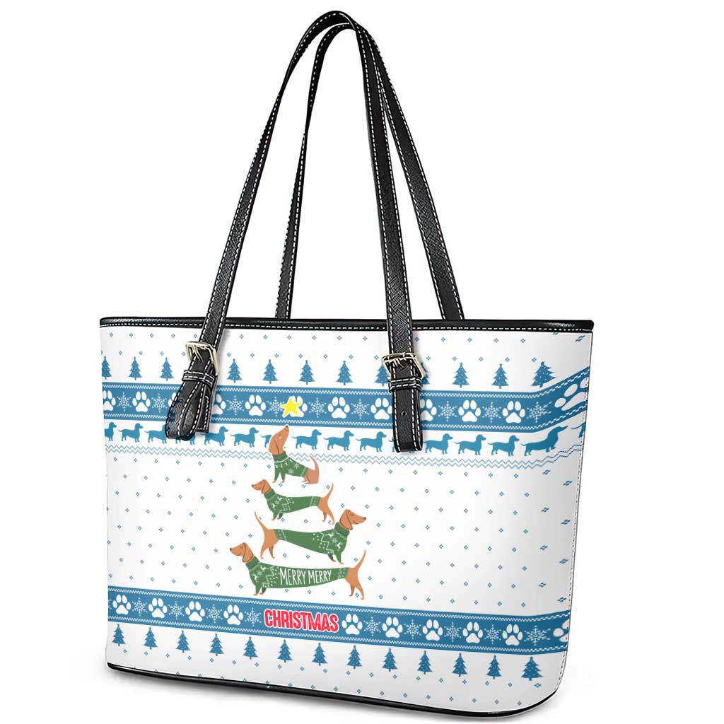 Dachshund Dog Tree Stack Leather Tote Bag with Blue White Paw Print Pattern Design - Wonder Print Shop