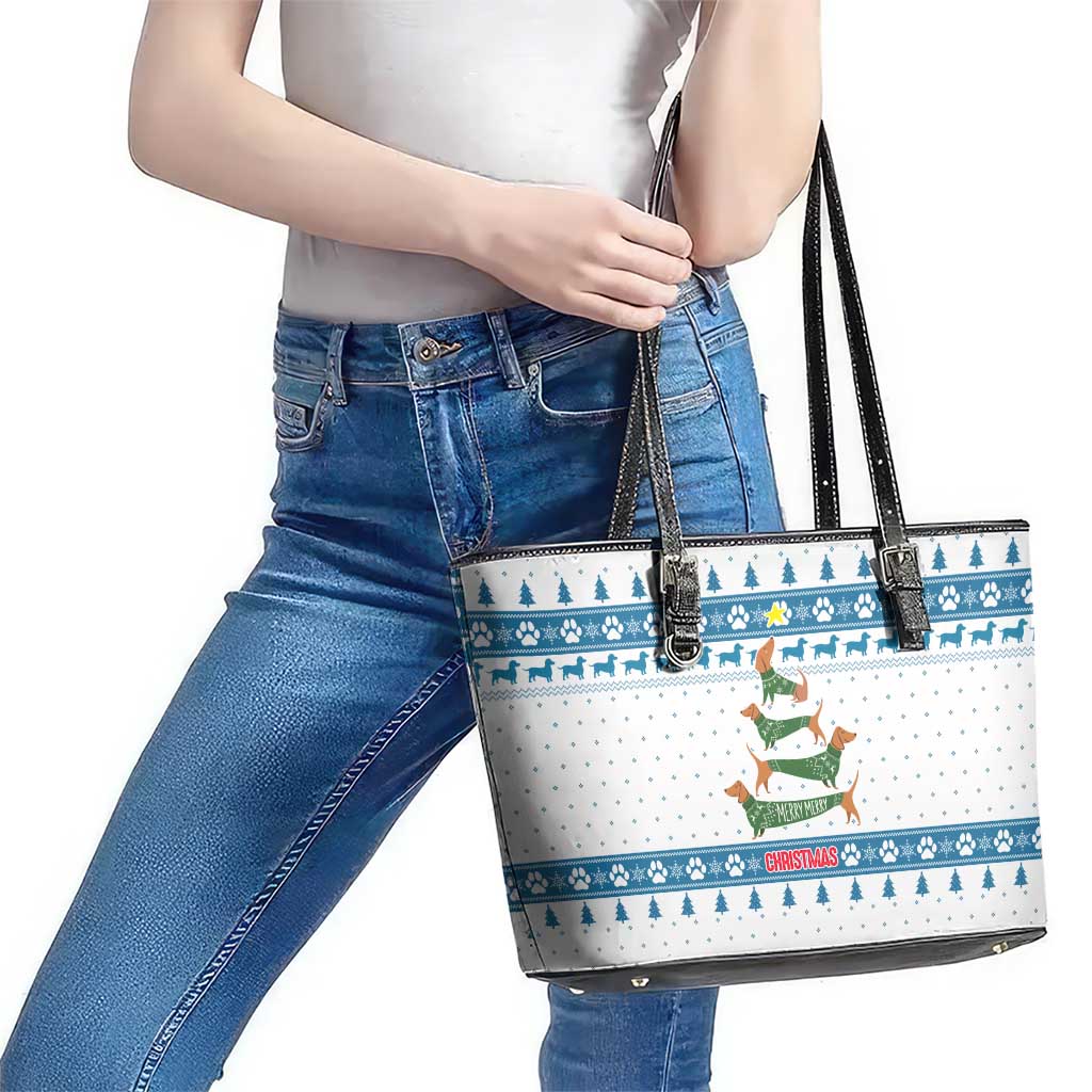 Dachshund Dog Tree Stack Leather Tote Bag with Blue White Paw Print Pattern Design - Wonder Print Shop