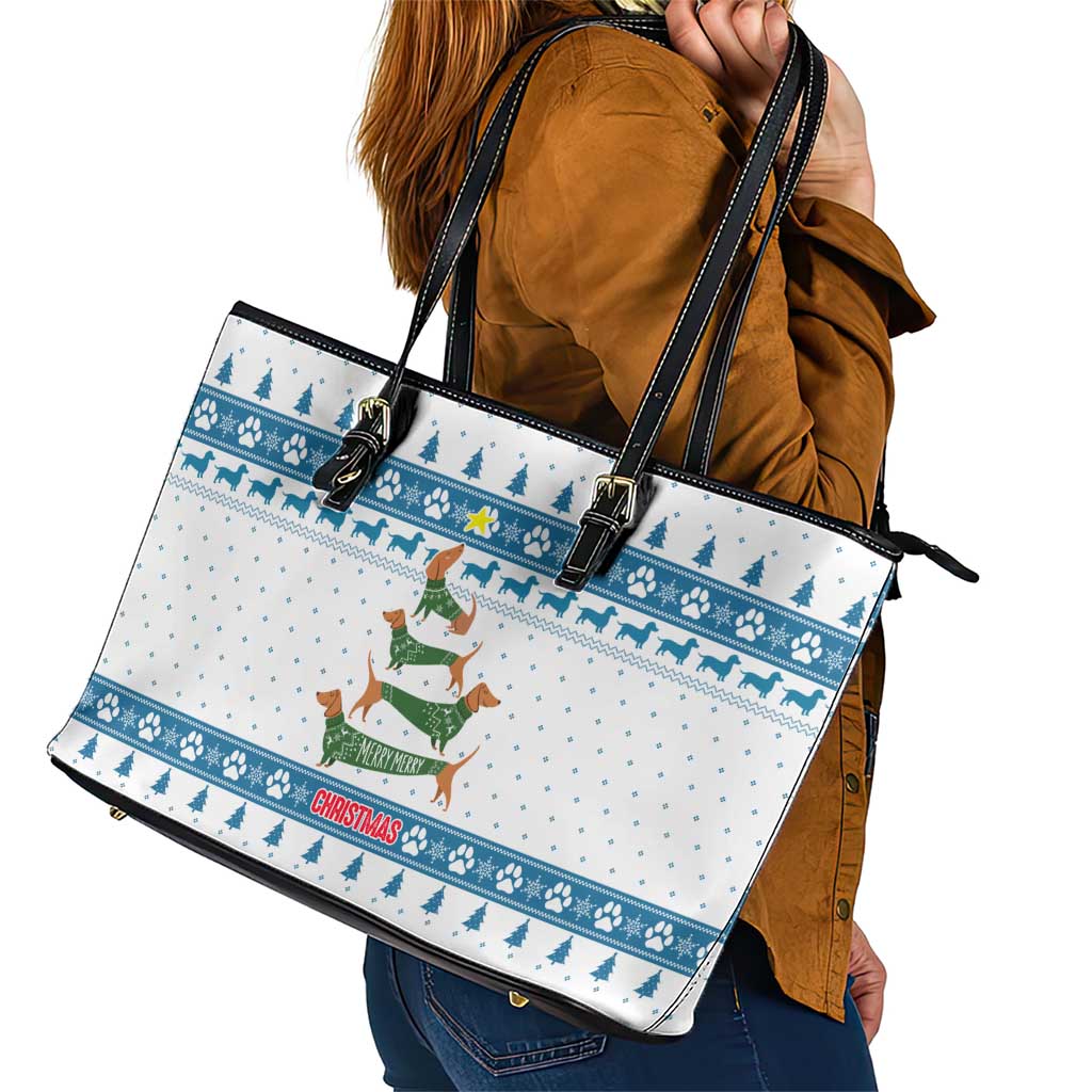 Dachshund Dog Tree Stack Leather Tote Bag with Blue White Paw Print Pattern Design - Wonder Print Shop