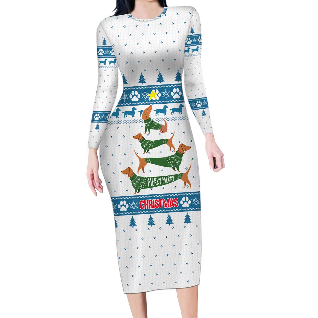 Dachshund Dog Tree Stack Long Sleeve Bodycon Dress with Blue White Paw Print Pattern Design - Wonder Print Shop
