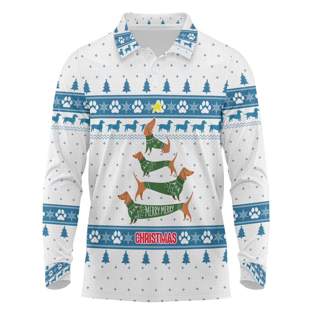 Dachshund Dog Tree Stack Long Sleeve Polo Shirt with Blue White Paw Print Pattern Design - Wonder Print Shop