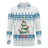 Dachshund Dog Tree Stack Long Sleeve Polo Shirt with Blue White Paw Print Pattern Design - Wonder Print Shop