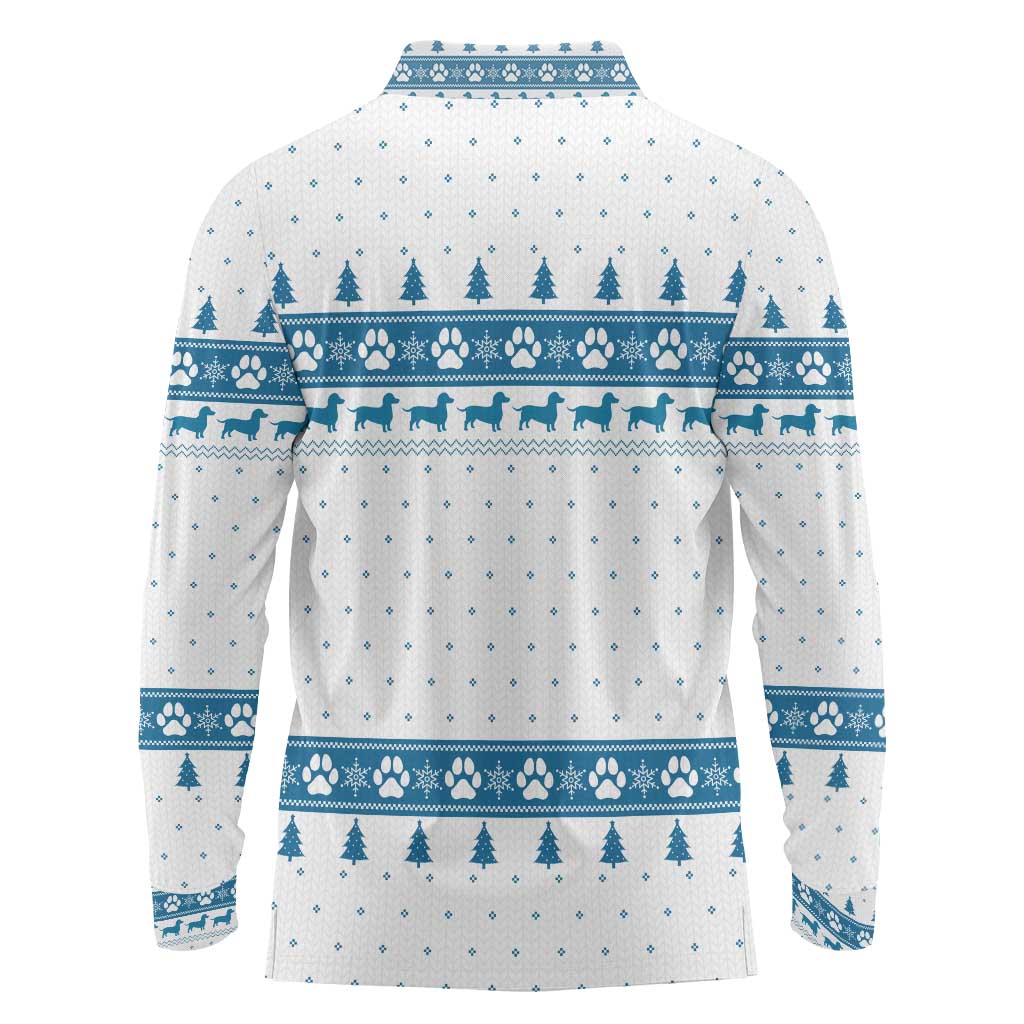 Dachshund Dog Tree Stack Long Sleeve Polo Shirt with Blue White Paw Print Pattern Design - Wonder Print Shop