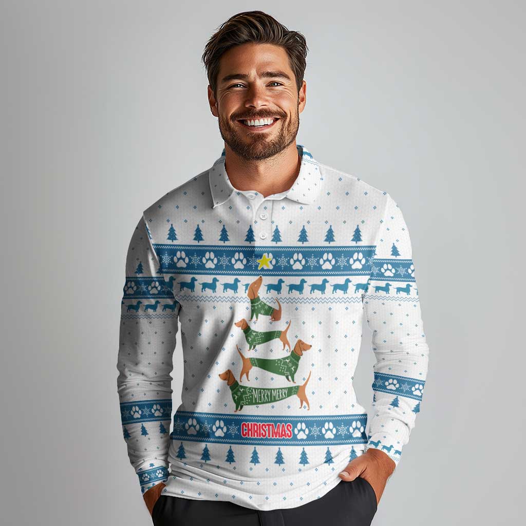 Dachshund Dog Tree Stack Long Sleeve Polo Shirt with Blue White Paw Print Pattern Design - Wonder Print Shop