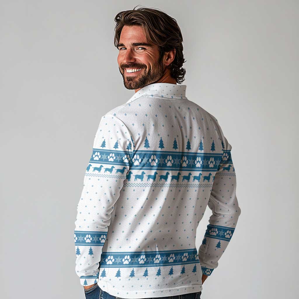 Dachshund Dog Tree Stack Long Sleeve Polo Shirt with Blue White Paw Print Pattern Design - Wonder Print Shop