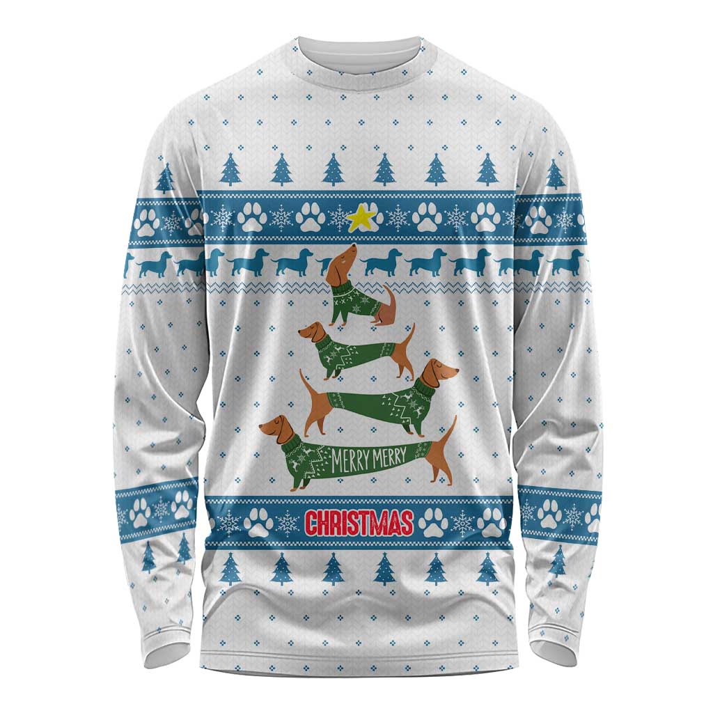 Dachshund Dog Tree Stack Long Sleeve Shirt with Blue White Paw Print Pattern Design - Wonder Print Shop