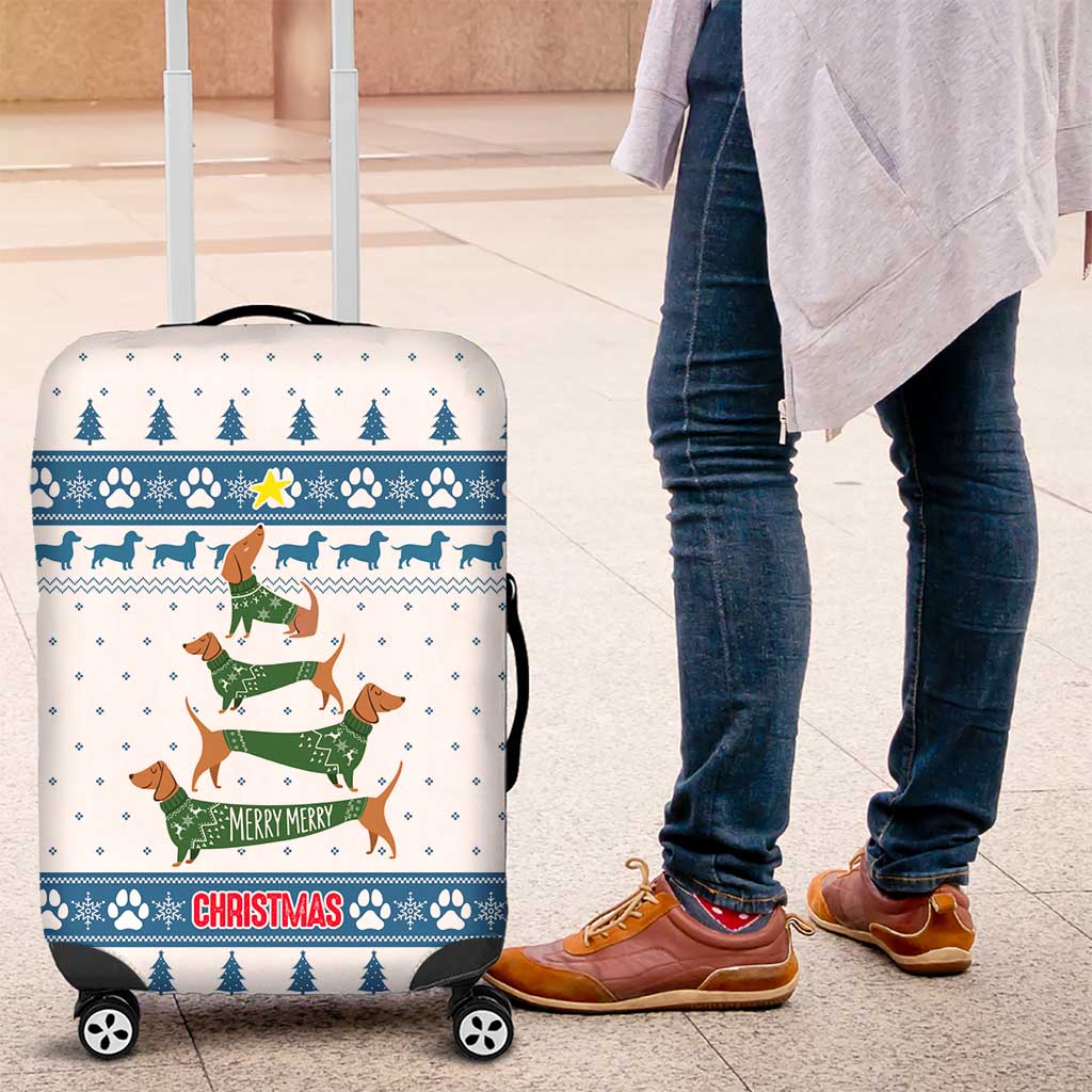 Dachshund Dog Tree Stack Luggage Cover with Blue White Paw Print Pattern Design - Wonder Print Shop