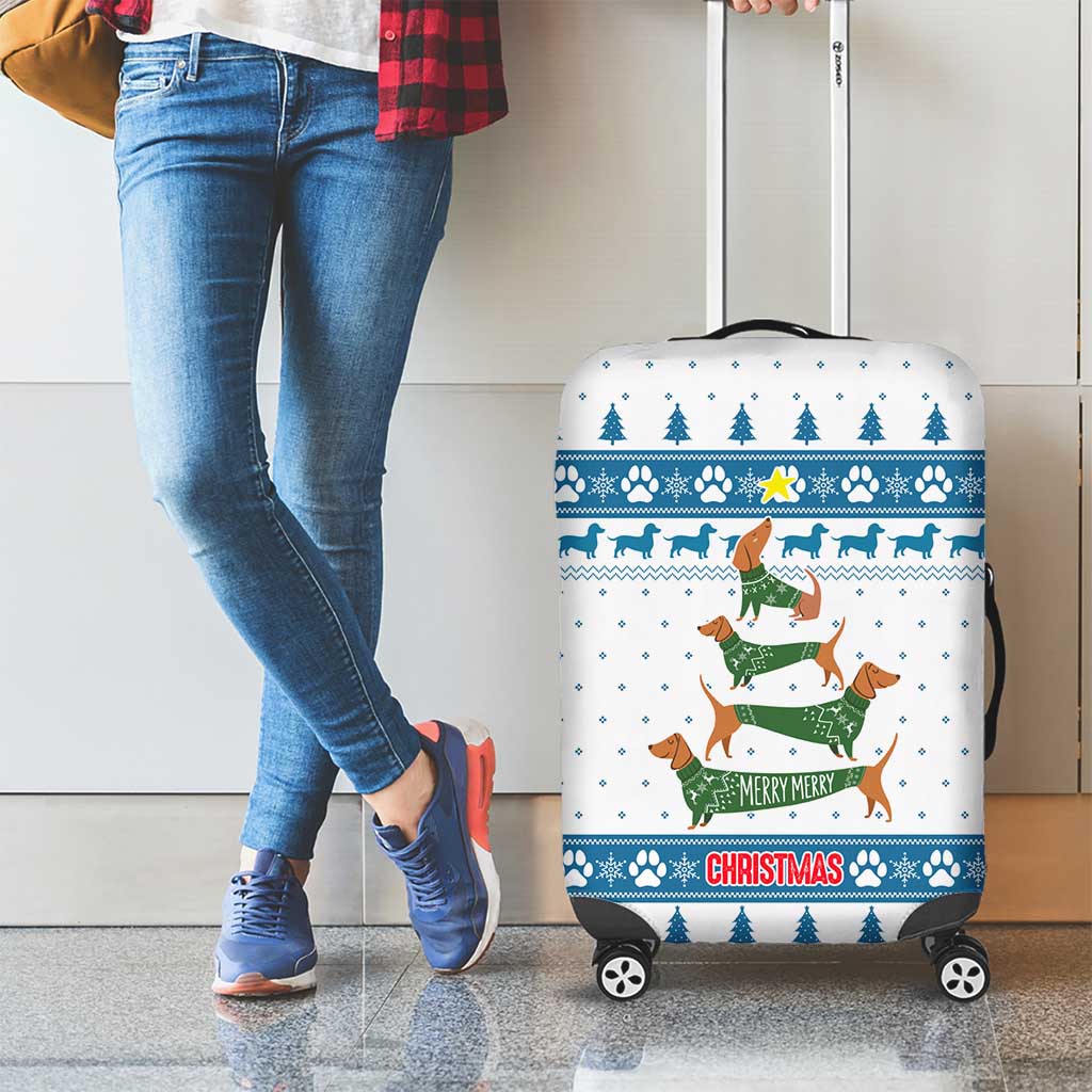 Dachshund Dog Tree Stack Luggage Cover with Blue White Paw Print Pattern Design - Wonder Print Shop