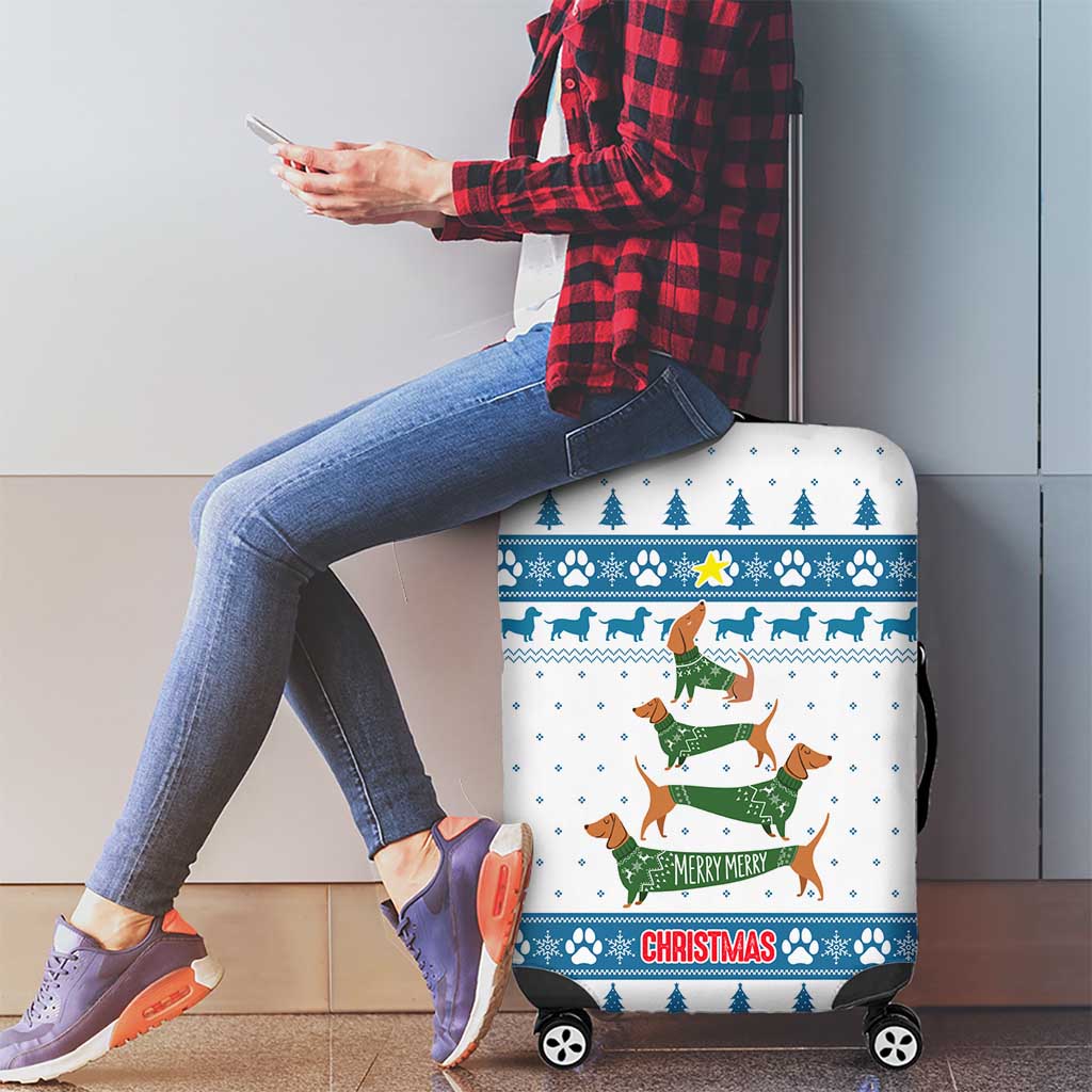 Dachshund Dog Tree Stack Luggage Cover with Blue White Paw Print Pattern Design - Wonder Print Shop