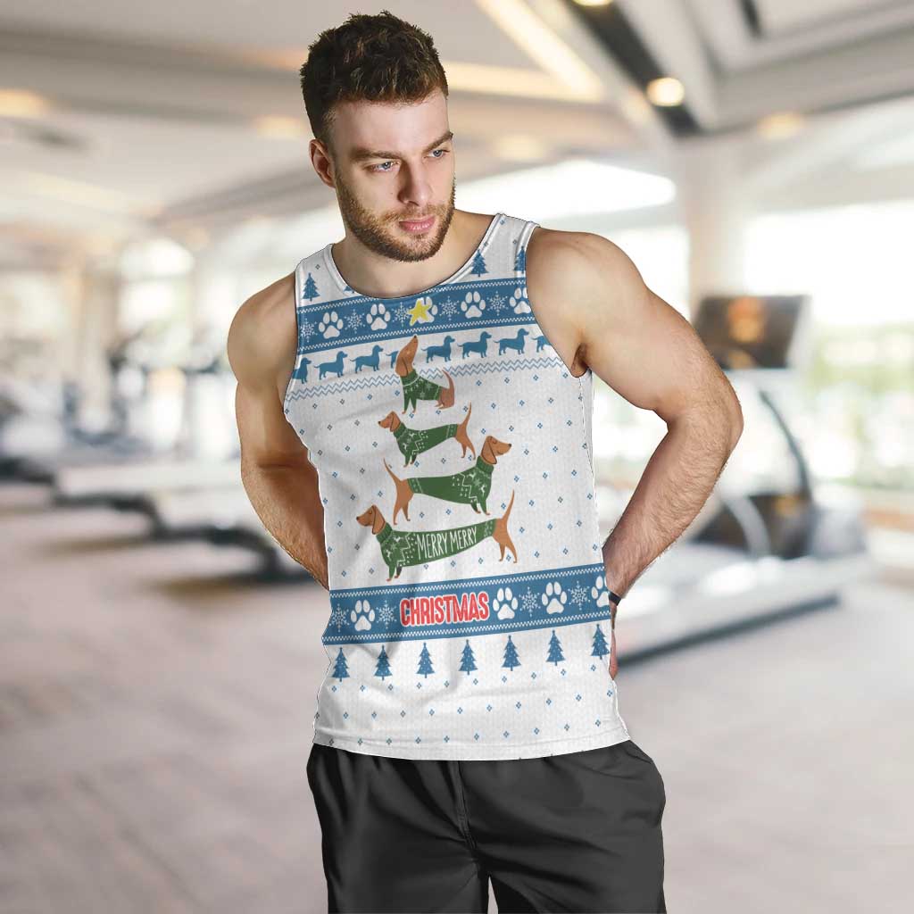 Dachshund Dog Tree Stack Men Tank Top with Blue White Paw Print Pattern Design - Wonder Print Shop
