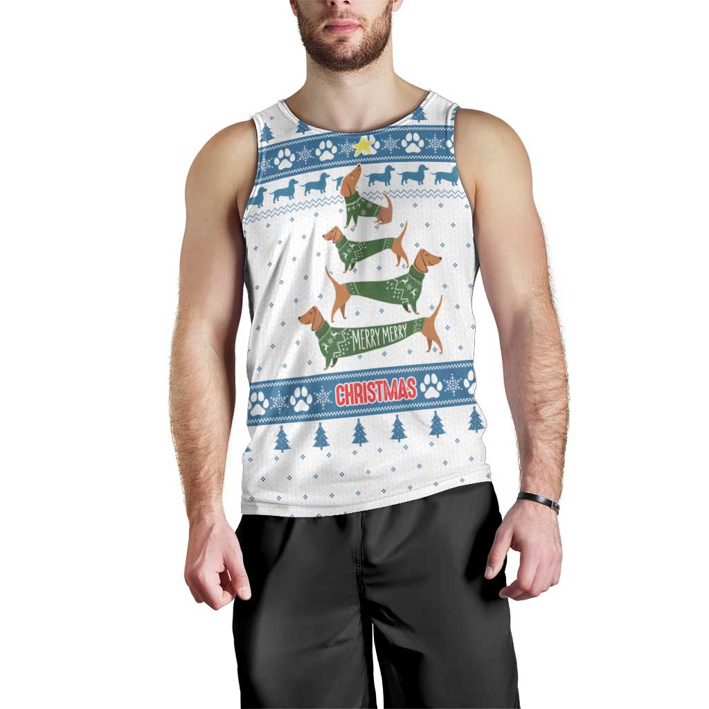 Dachshund Dog Tree Stack Men Tank Top with Blue White Paw Print Pattern Design - Wonder Print Shop
