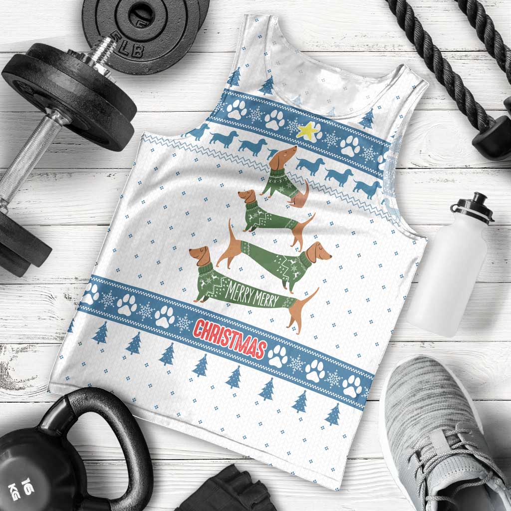 Dachshund Dog Tree Stack Men Tank Top with Blue White Paw Print Pattern Design - Wonder Print Shop