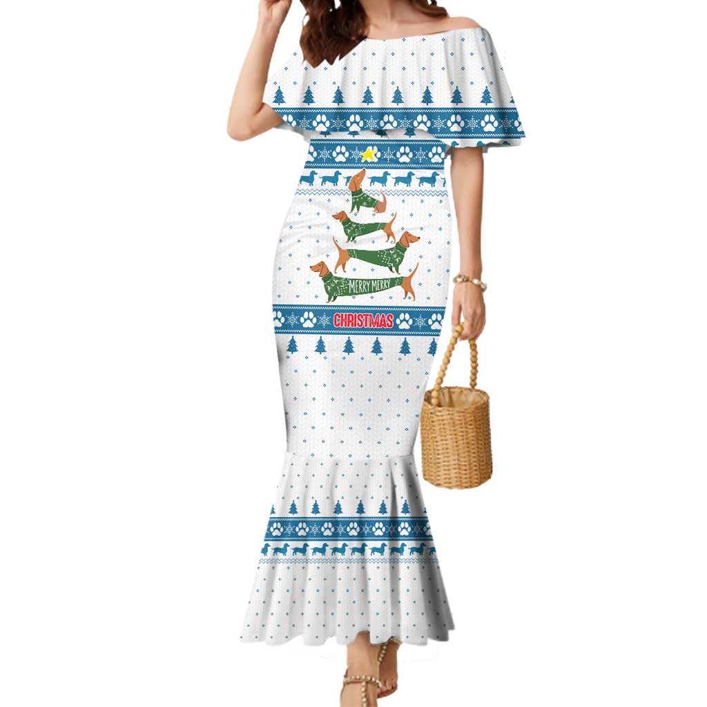 Dachshund Dog Tree Stack Mermaid Dress with Blue White Paw Print Pattern Design - Wonder Print Shop