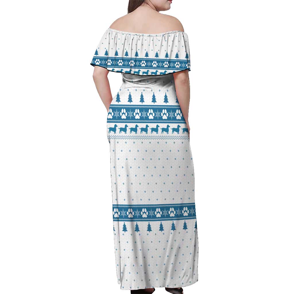 Dachshund Dog Tree Stack Off Shoulder Maxi Dress with Blue White Paw Print Pattern Design - Wonder Print Shop