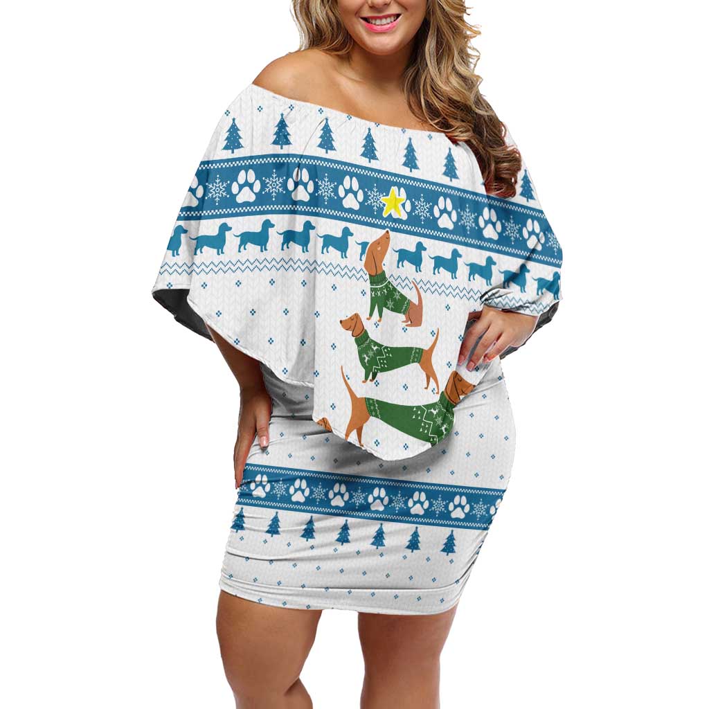 Dachshund Dog Tree Stack Off Shoulder Short Dress with Blue White Paw Print Pattern Design - Wonder Print Shop