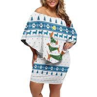 Dachshund Dog Tree Stack Off Shoulder Short Dress with Blue White Paw Print Pattern Design - Wonder Print Shop