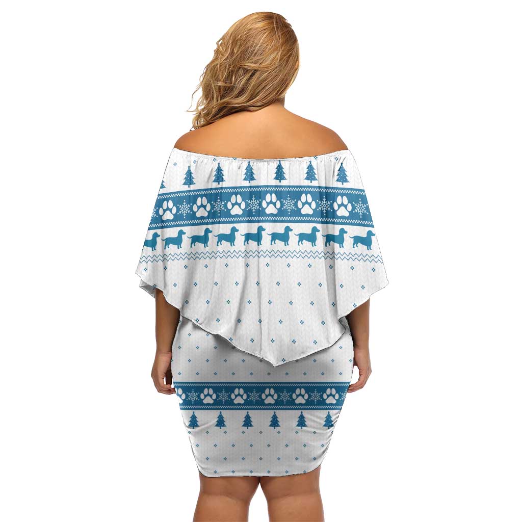 Dachshund Dog Tree Stack Off Shoulder Short Dress with Blue White Paw Print Pattern Design - Wonder Print Shop