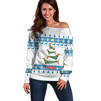 Dachshund Dog Tree Stack Off Shoulder Sweater with Blue White Paw Print Pattern Design - Wonder Print Shop