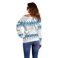 Dachshund Dog Tree Stack Off Shoulder Sweater with Blue White Paw Print Pattern Design - Wonder Print Shop