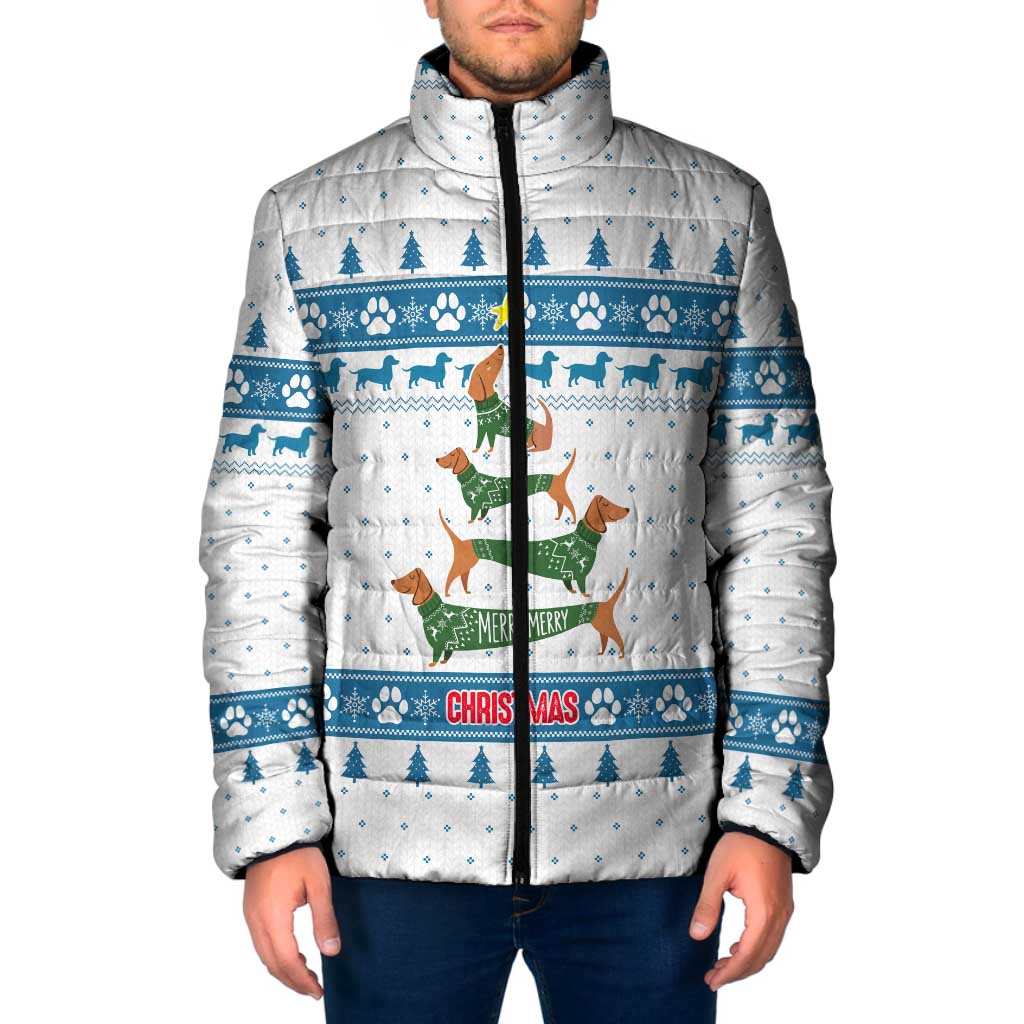 Dachshund Dog Tree Stack Padded Jacket with Blue White Paw Print Pattern Design - Wonder Print Shop