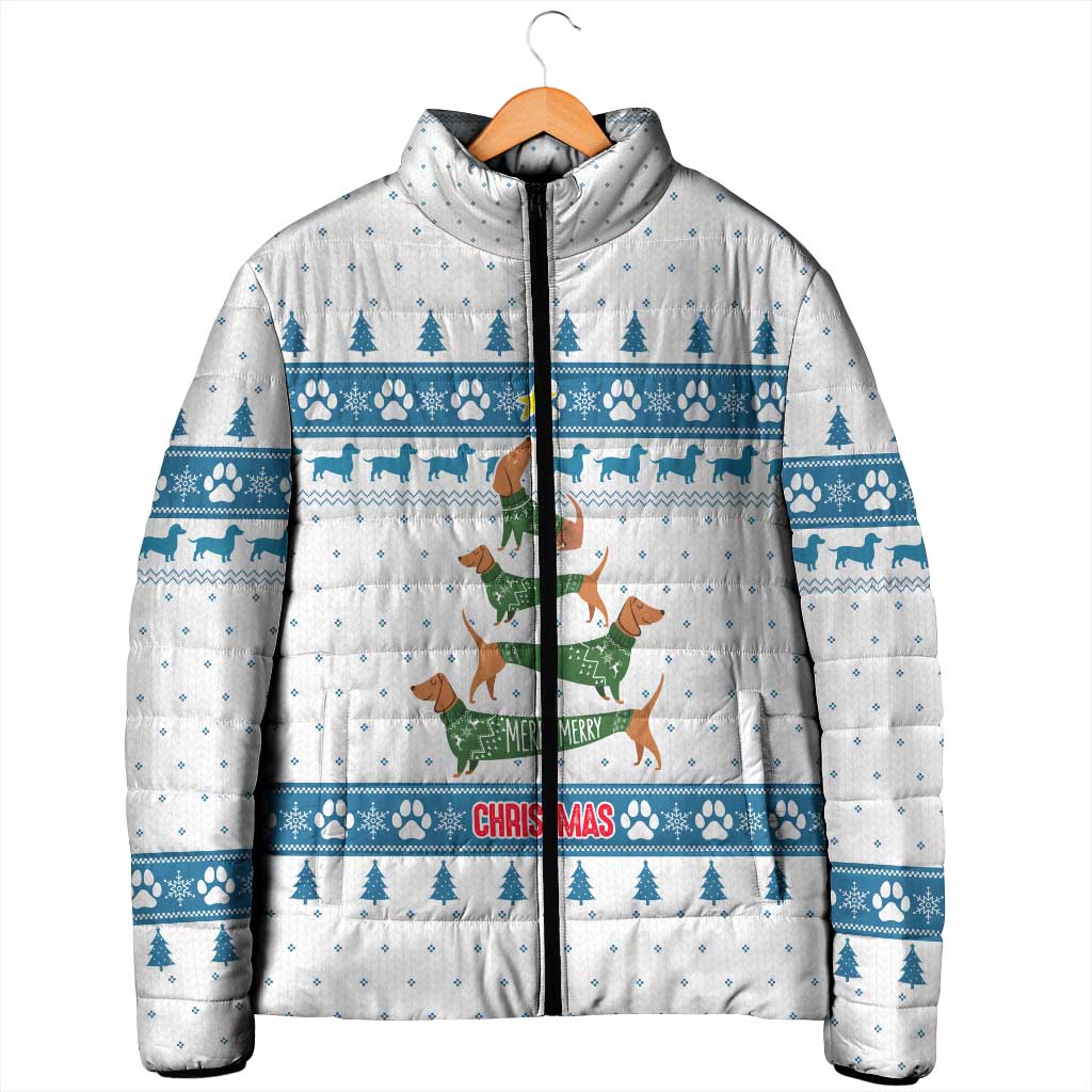 Dachshund Dog Tree Stack Padded Jacket with Blue White Paw Print Pattern Design - Wonder Print Shop