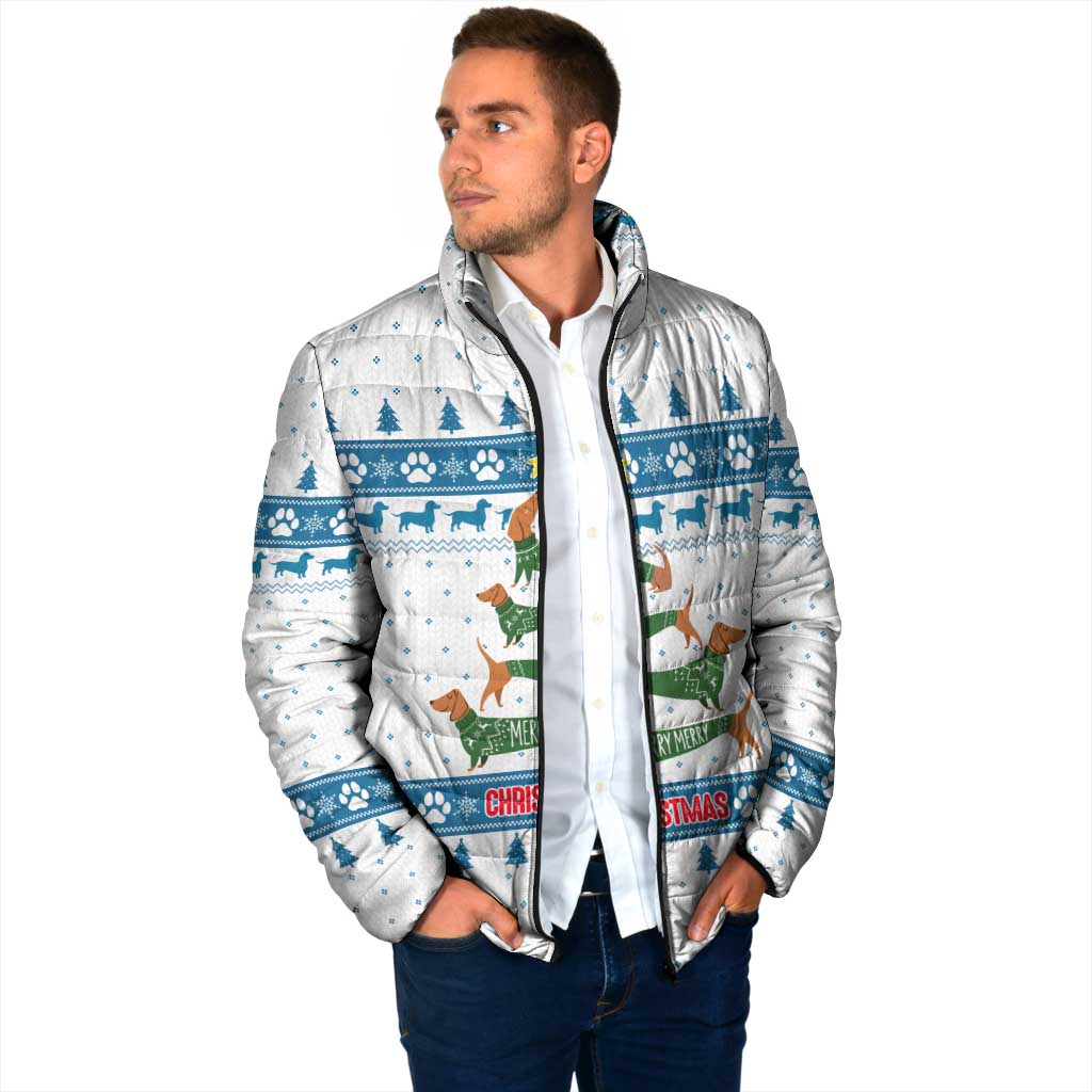 Dachshund Dog Tree Stack Padded Jacket with Blue White Paw Print Pattern Design - Wonder Print Shop