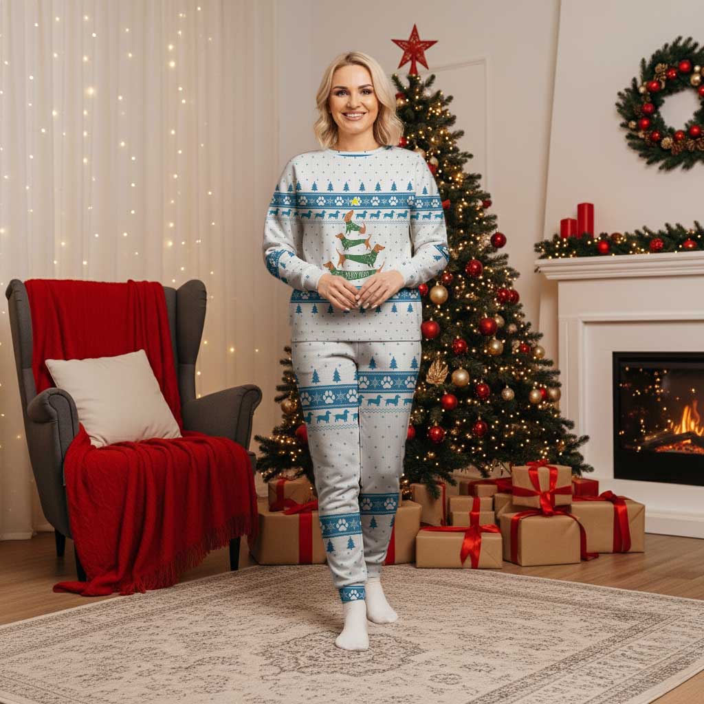Dachshund Dog Tree Stack Christmas Pajama Set with Blue White Paw Print Pattern Design - Wonder Print Shop