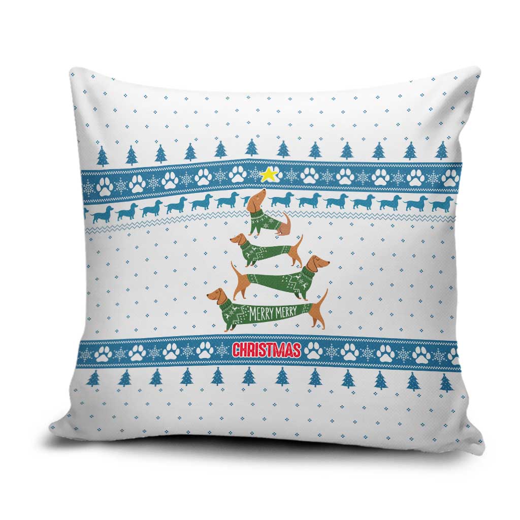 Dachshund Dog Tree Stack Pillow Cover with Blue White Paw Print Pattern Design - Wonder Print Shop