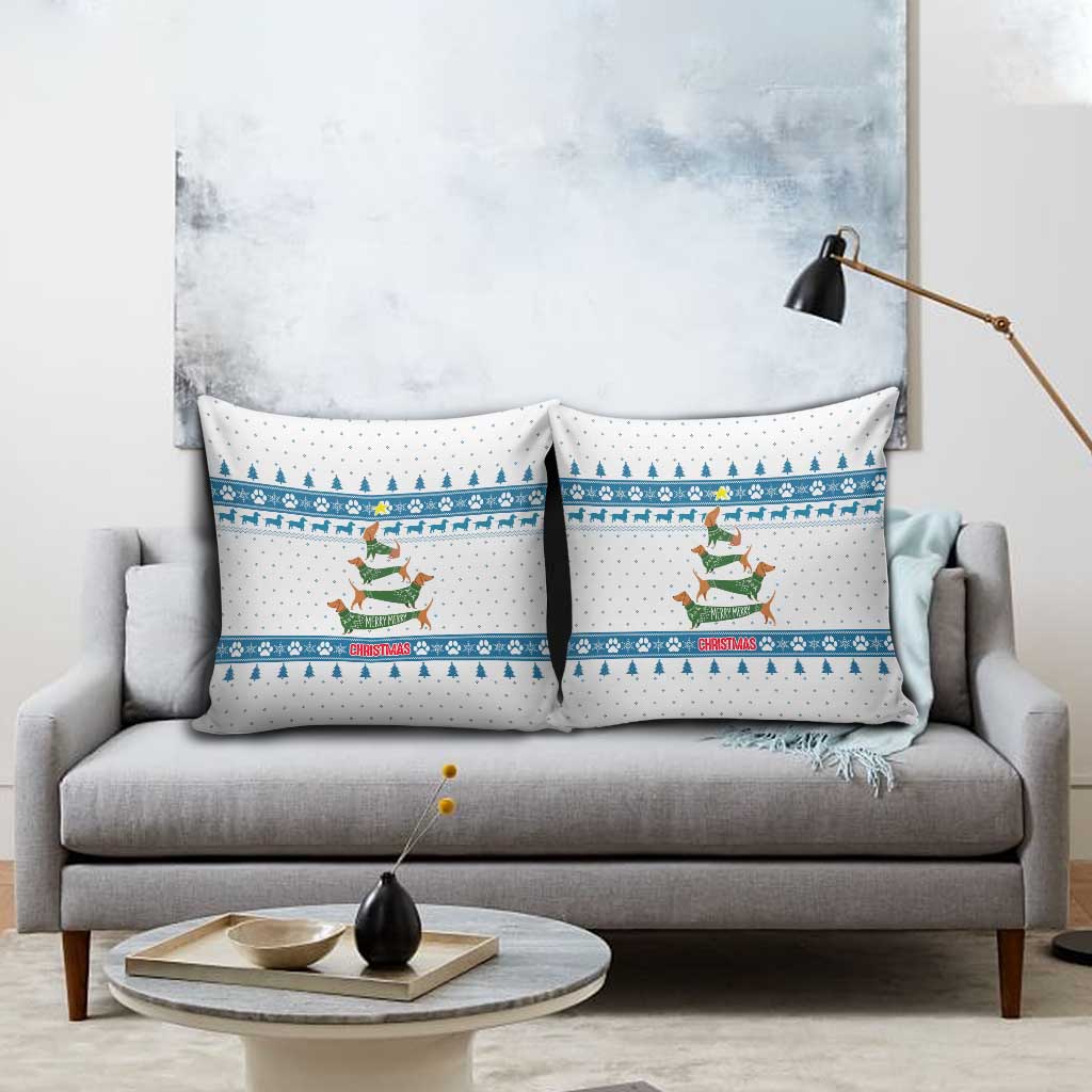 Dachshund Dog Tree Stack Pillow Cover with Blue White Paw Print Pattern Design - Wonder Print Shop