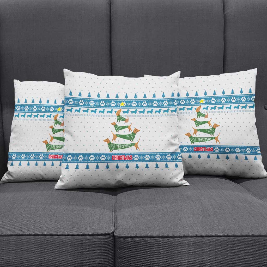 Dachshund Dog Tree Stack Pillow Cover with Blue White Paw Print Pattern Design - Wonder Print Shop