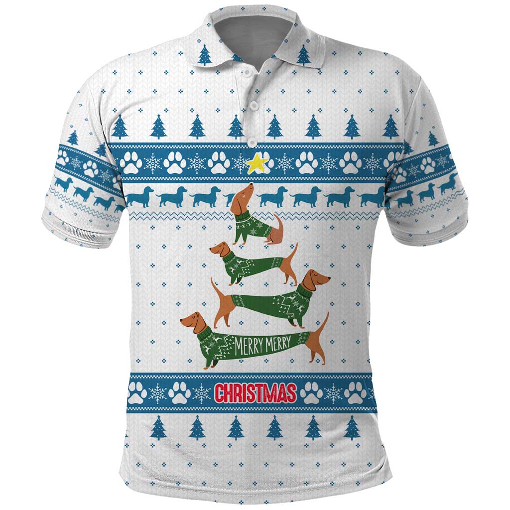 Dachshund Dog Tree Stack Polo Shirt with Blue White Paw Print Pattern Design - Wonder Print Shop