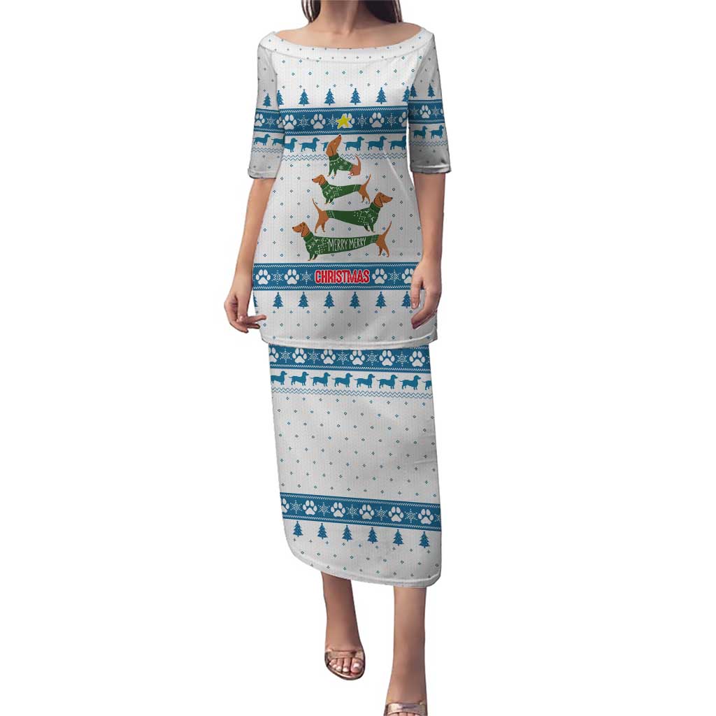 Dachshund Dog Tree Stack Puletasi with Blue White Paw Print Pattern Design - Wonder Print Shop