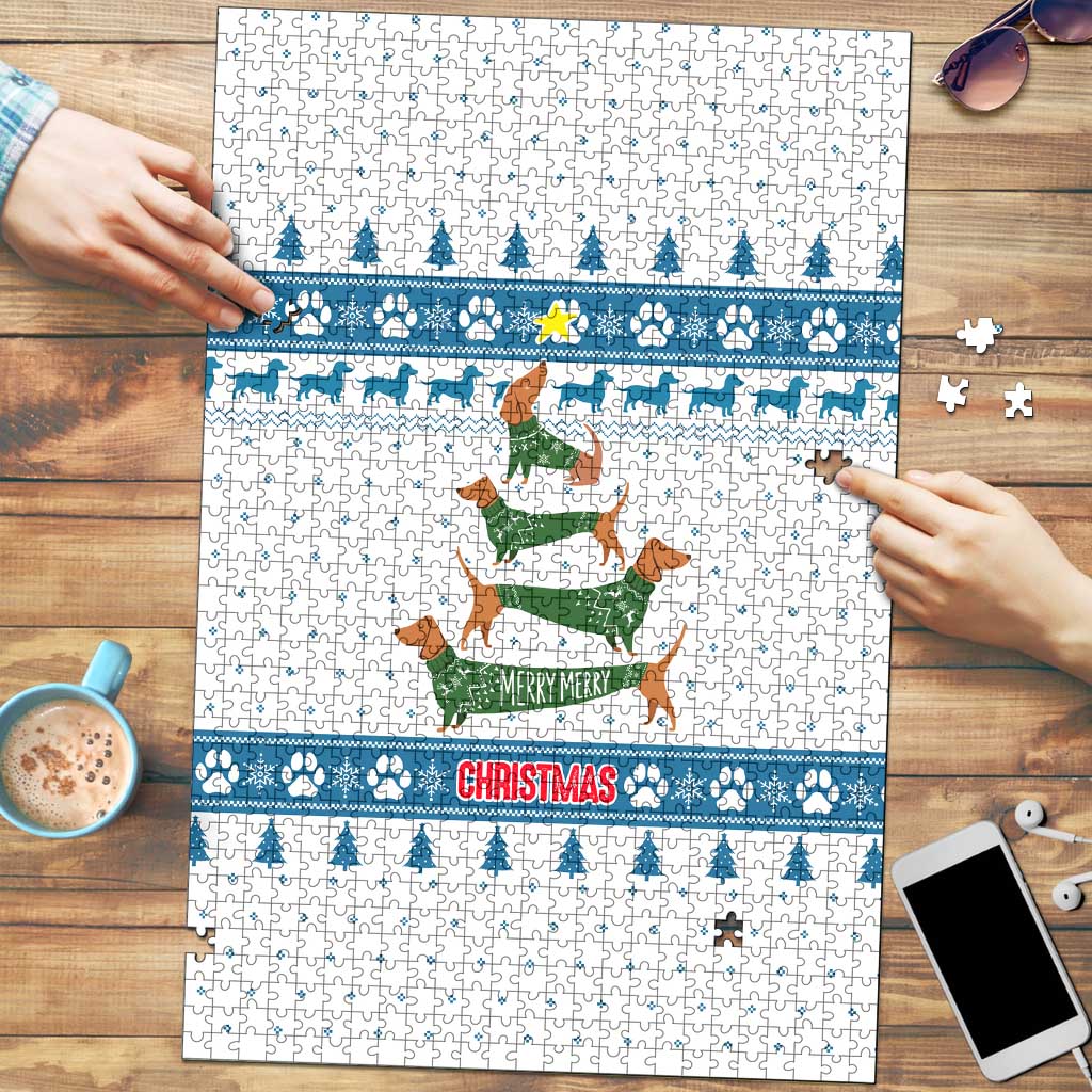 Dachshund Dog Tree Stack Puzzle with Blue White Paw Print Pattern Design - Wonder Print Shop