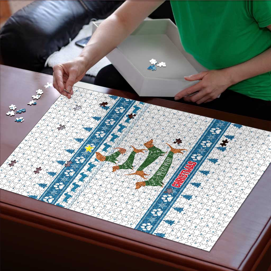 Dachshund Dog Tree Stack Puzzle with Blue White Paw Print Pattern Design - Wonder Print Shop