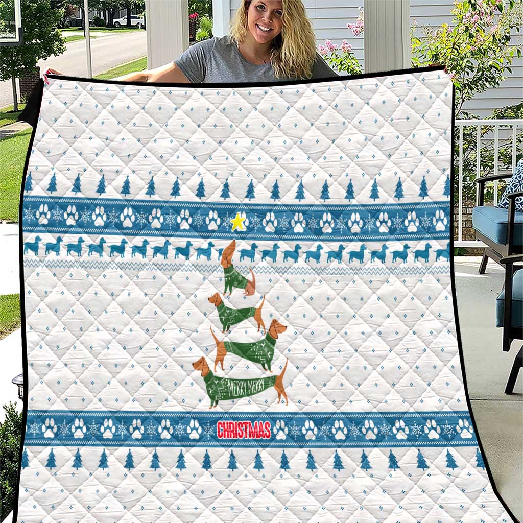 Dachshund Dog Tree Stack Quilt with Blue White Paw Print Pattern Design - Wonder Print Shop