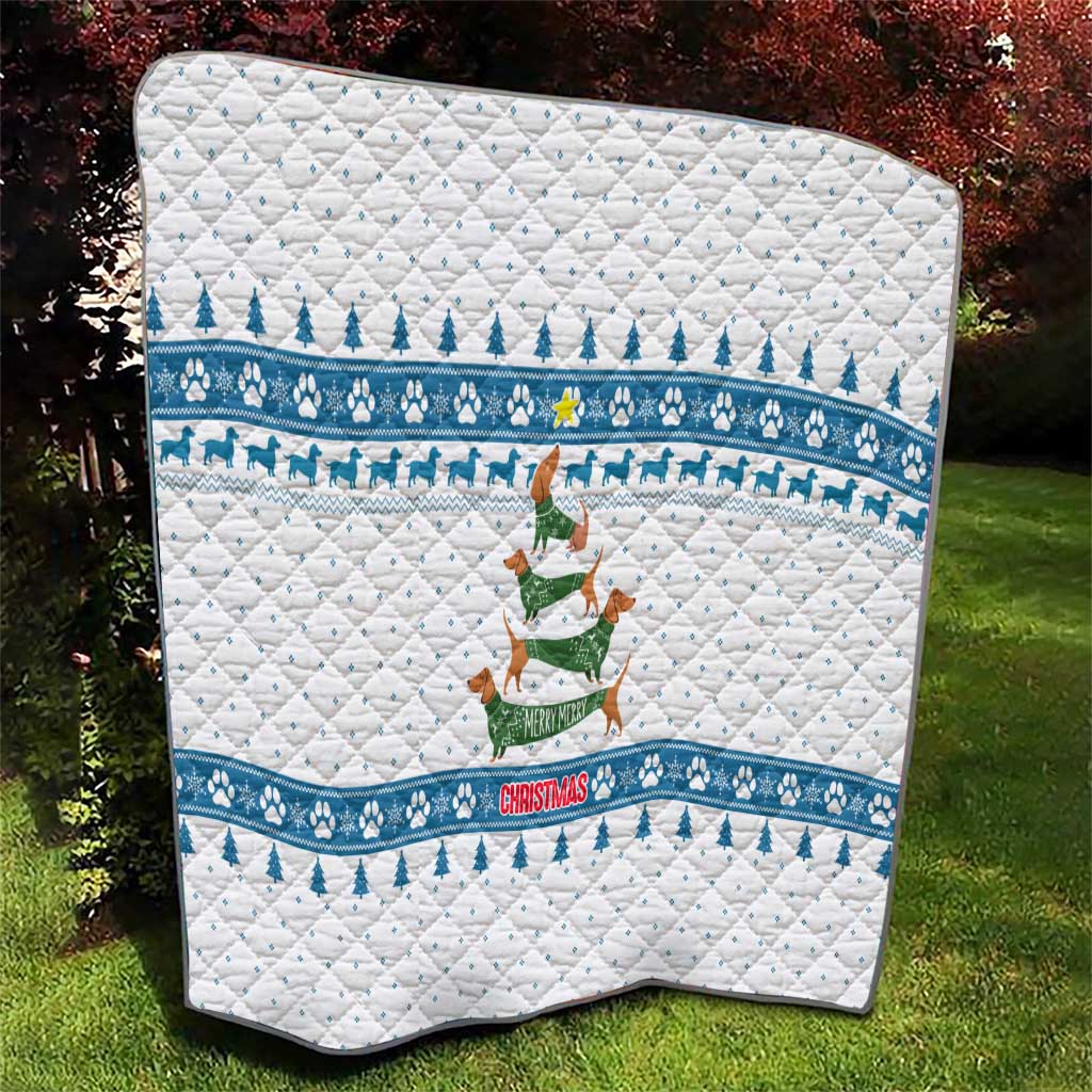 Dachshund Dog Tree Stack Quilt with Blue White Paw Print Pattern Design - Wonder Print Shop