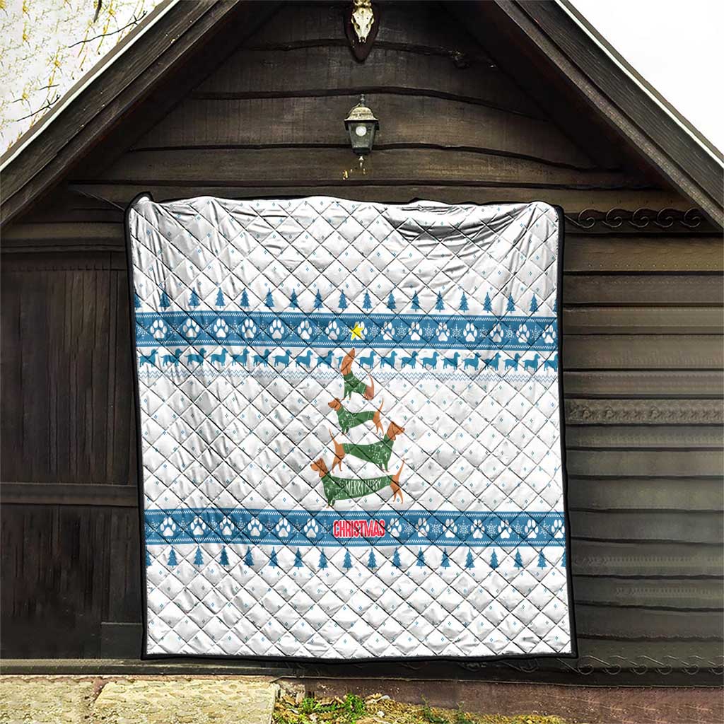 Dachshund Dog Tree Stack Quilt with Blue White Paw Print Pattern Design - Wonder Print Shop