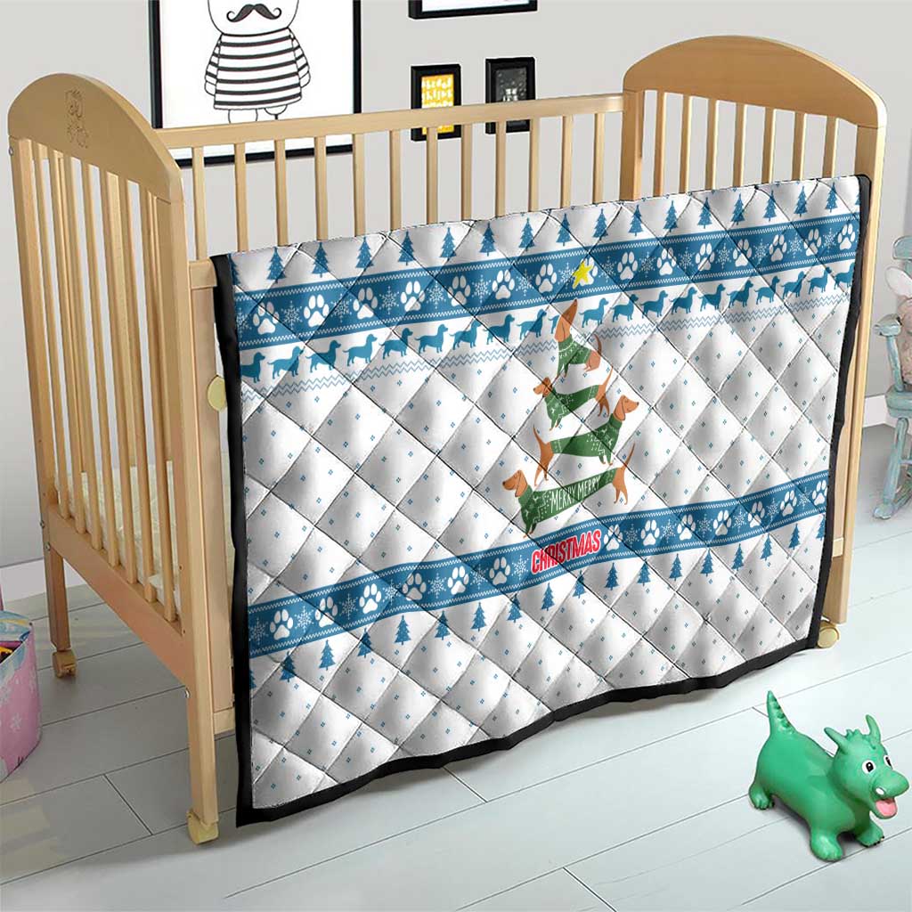 Dachshund Dog Tree Stack Quilt with Blue White Paw Print Pattern Design - Wonder Print Shop