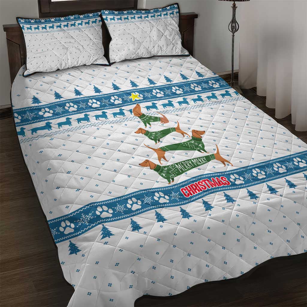 Dachshund Dog Tree Stack Quilt Bed Set with Blue White Paw Print Pattern Design - Wonder Print Shop