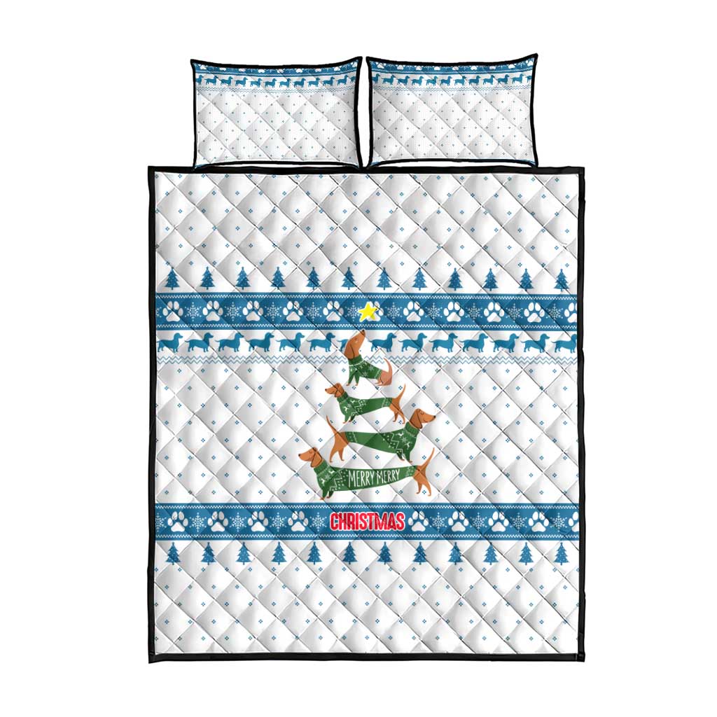Dachshund Dog Tree Stack Quilt Bed Set with Blue White Paw Print Pattern Design - Wonder Print Shop
