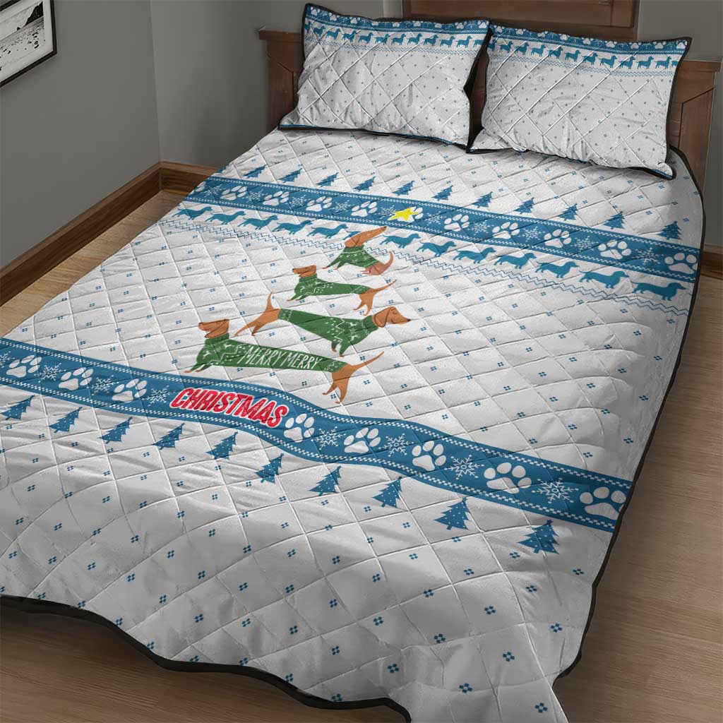 Dachshund Dog Tree Stack Quilt Bed Set with Blue White Paw Print Pattern Design - Wonder Print Shop