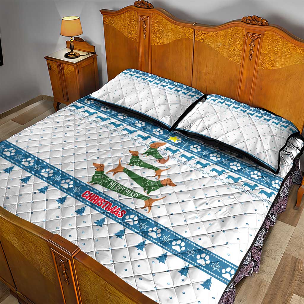 Dachshund Dog Tree Stack Quilt Bed Set with Blue White Paw Print Pattern Design - Wonder Print Shop